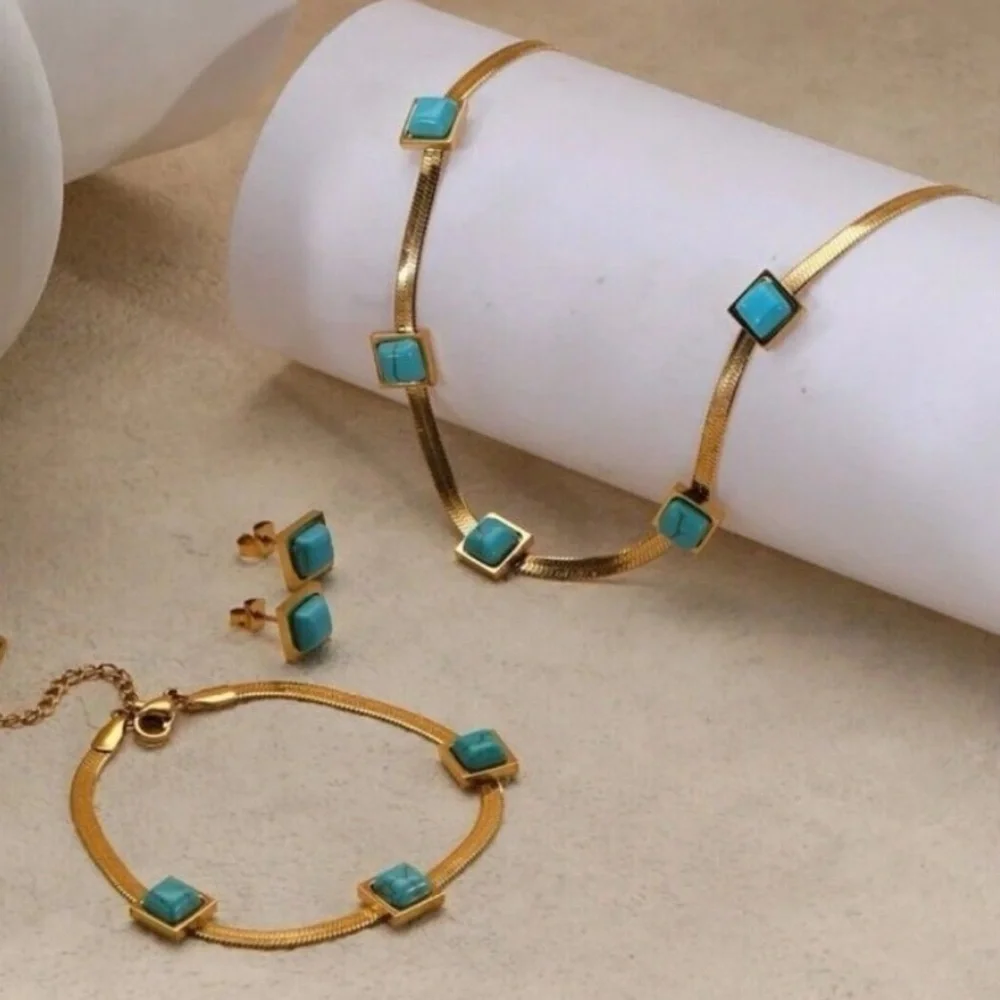 18K Gold Plated herringbone Turquoise Necklace Set Stainless Steel jewelry